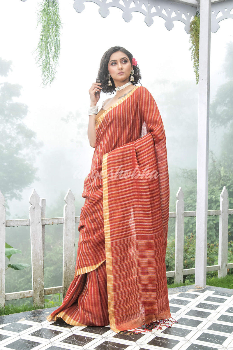 Rust Linen Golden and silver  Stripes Body with Golden Border Bengal Handwoven Saree