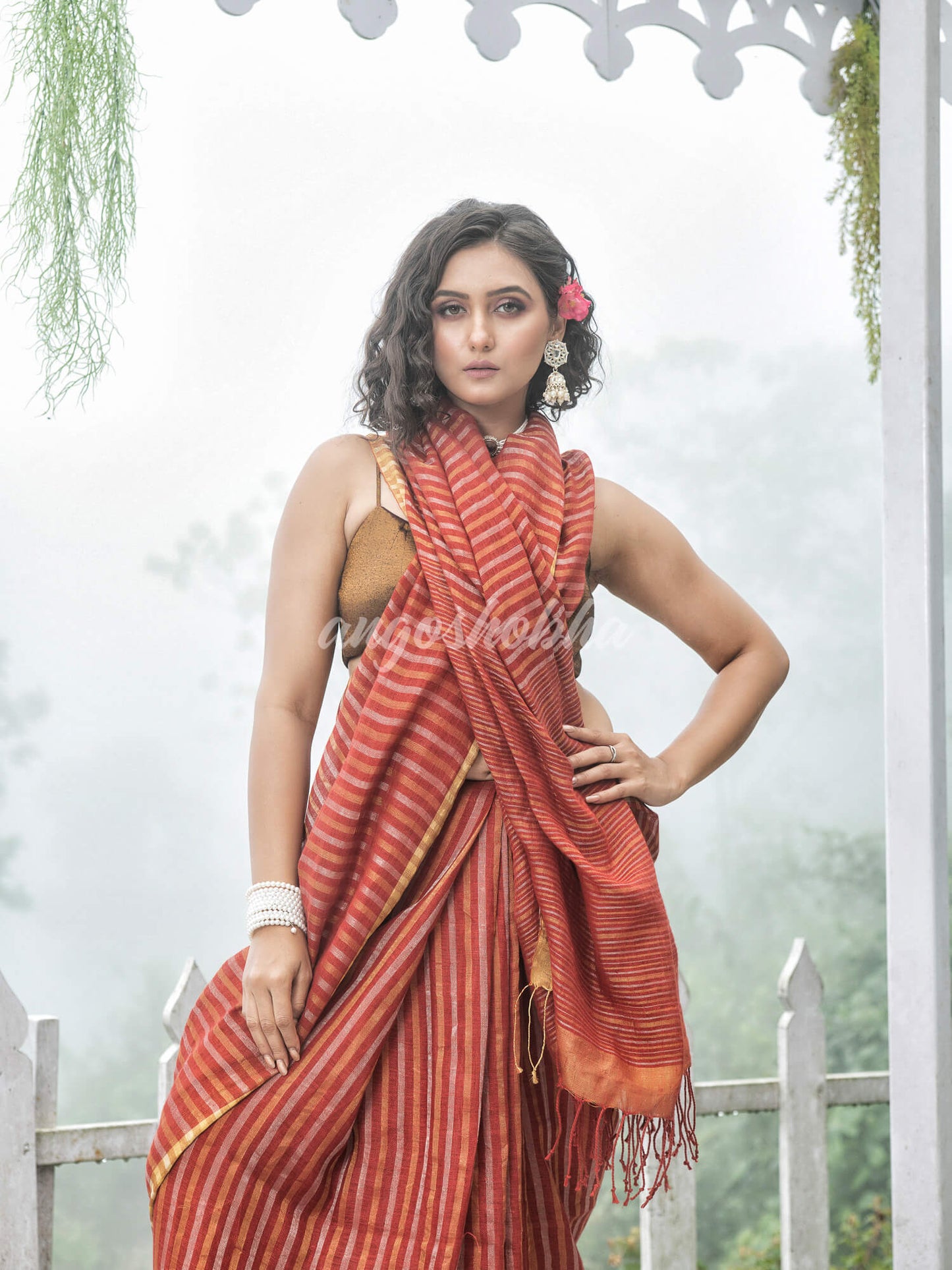 Rust Linen Golden and silver  Stripes Body with Golden Border Bengal Handwoven Saree