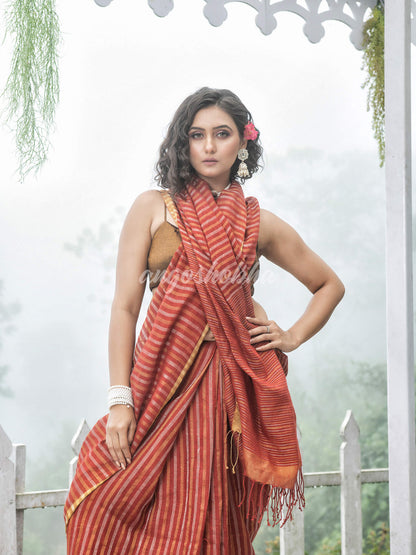 Rust Linen Golden and silver  Stripes Body with Golden Border Bengal Handwoven Saree