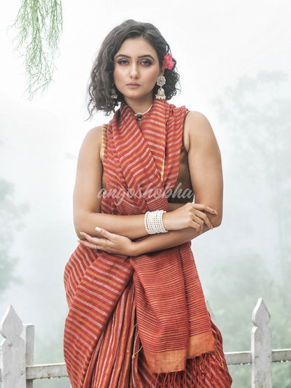 Rust Linen Golden and silver  Stripes Body with Golden Border Bengal Handwoven Saree