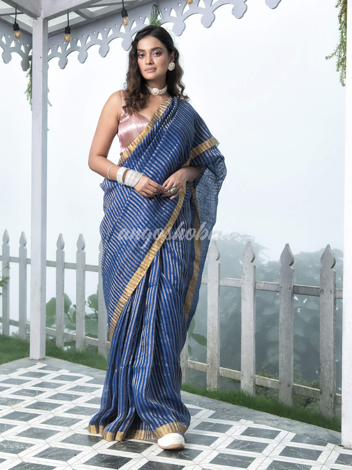 Blue Linen Golden and Silver Stripes Body with Golden Border Bengal Handwoven Saree