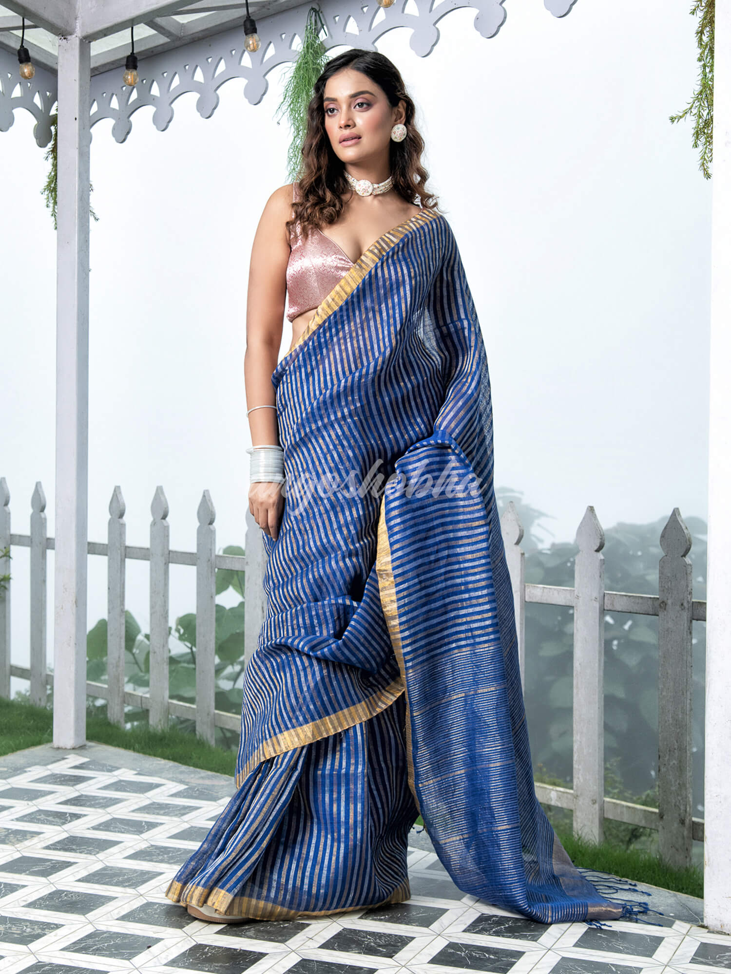 Blue Linen Golden and Silver Stripes Body with Golden Border Bengal Handwoven Saree