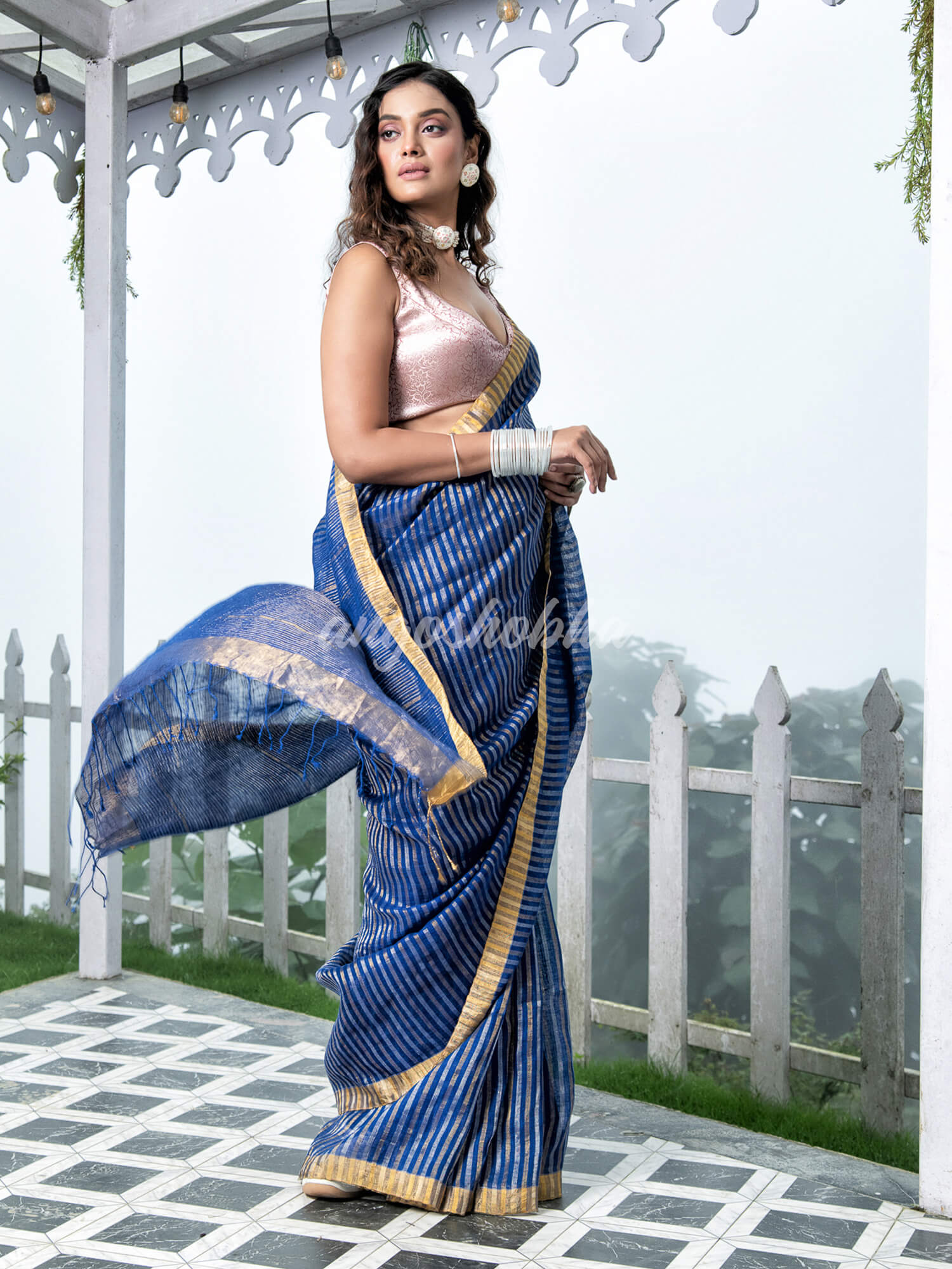 Blue Linen Golden and Silver Stripes Body with Golden Border Bengal Handwoven Saree