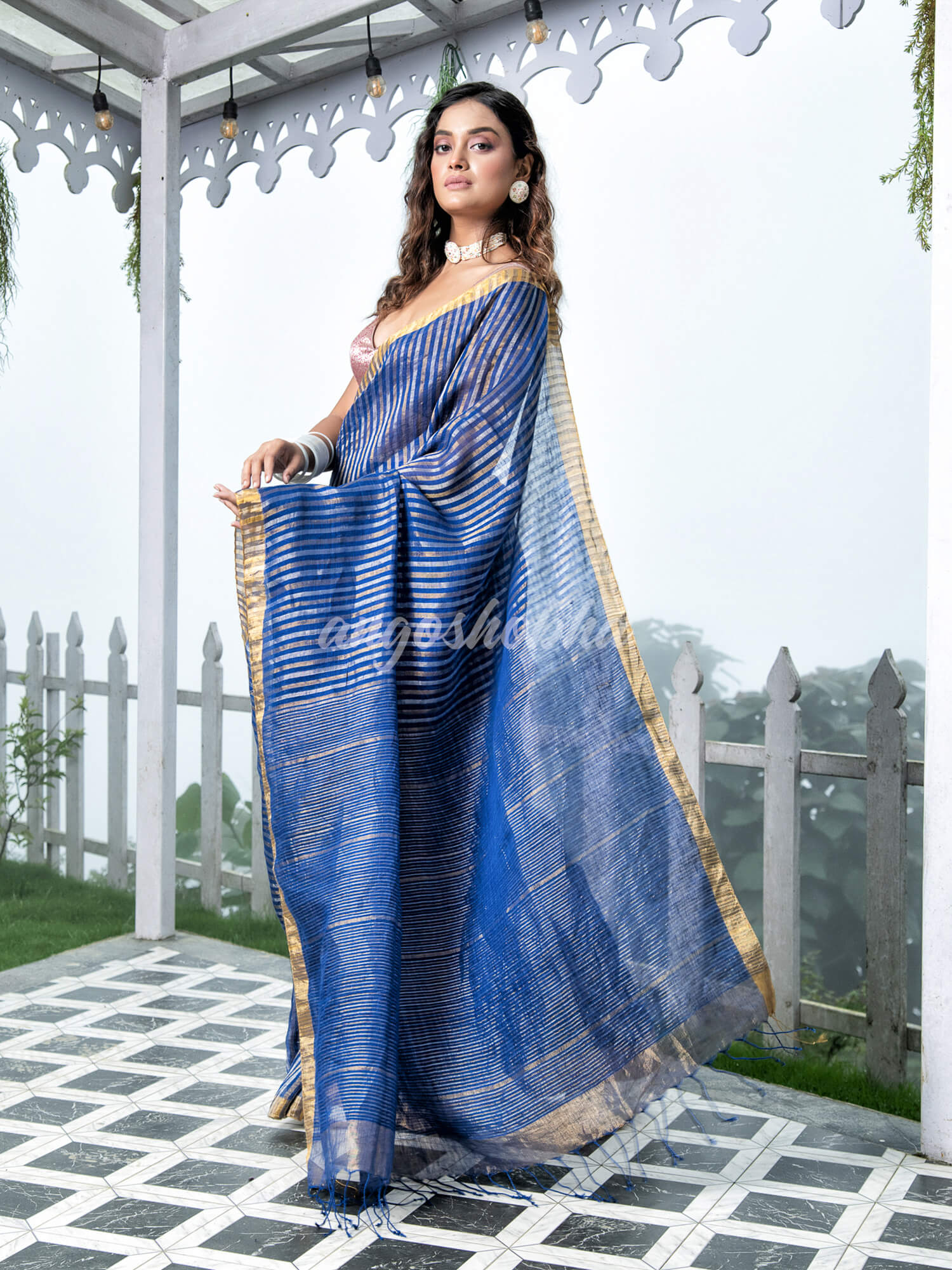 Blue Linen Golden and Silver Stripes Body with Golden Border Bengal Handwoven Saree