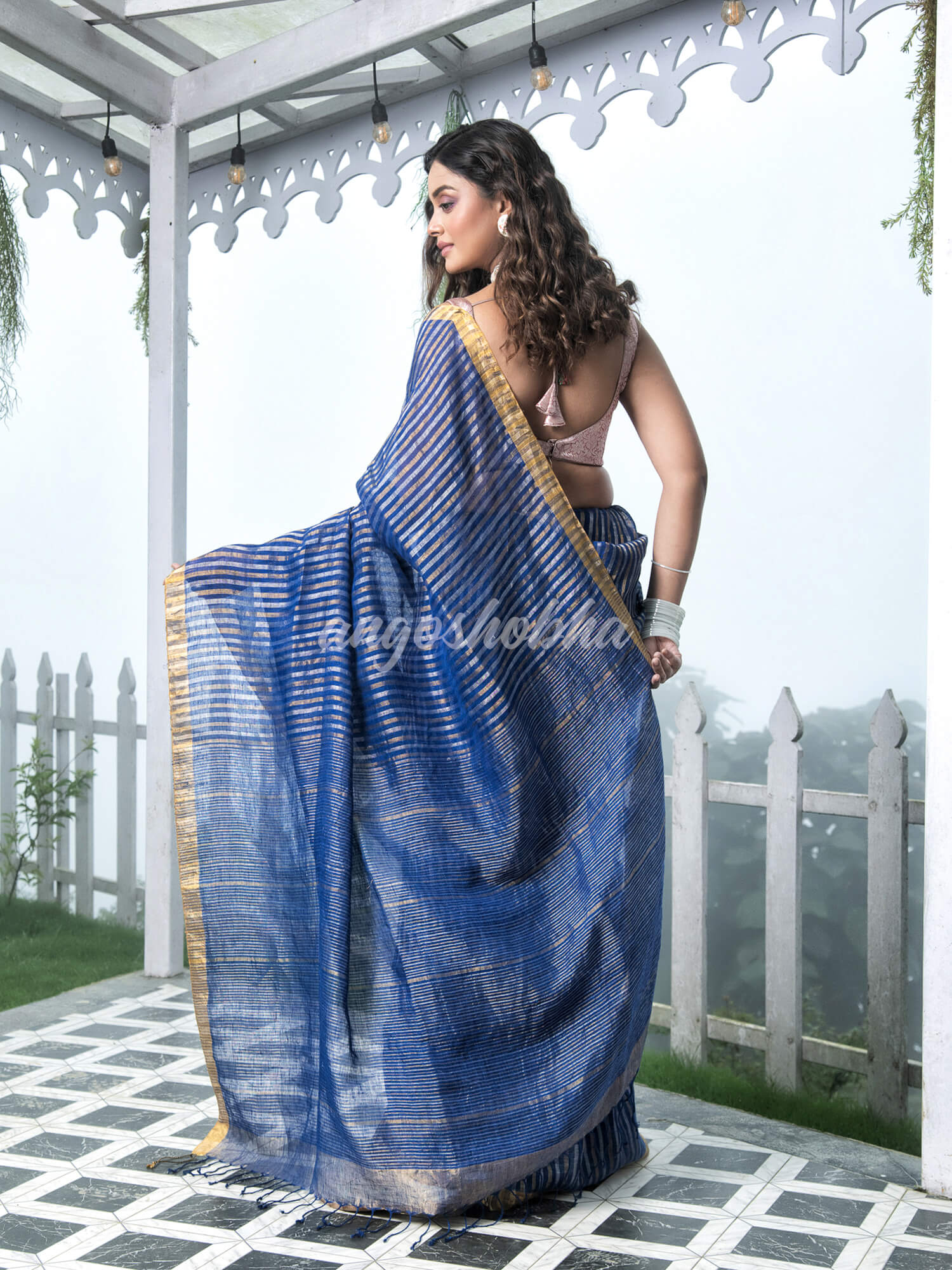 Blue Linen Golden and Silver Stripes Body with Golden Border Bengal Handwoven Saree