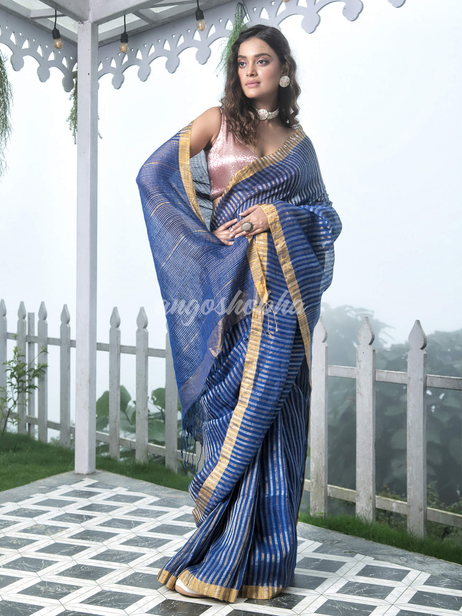 Blue Linen Golden and Silver Stripes Body with Golden Border Bengal Handwoven Saree