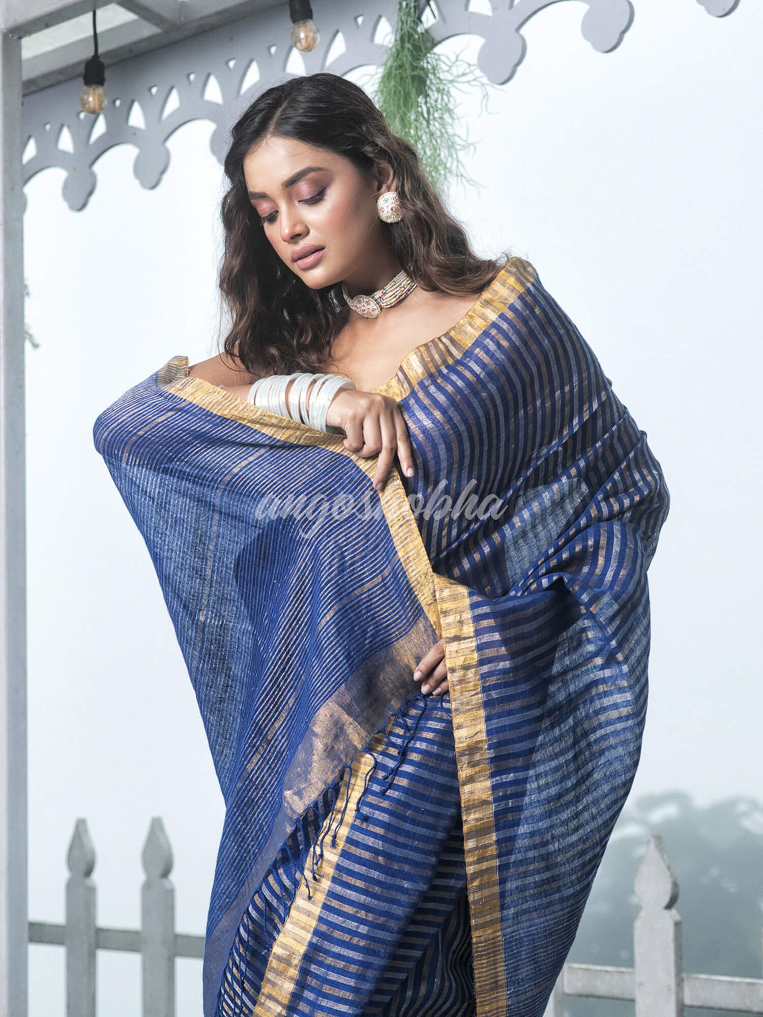 Blue Linen Golden and Silver Stripes Body with Golden Border Bengal Handwoven Saree