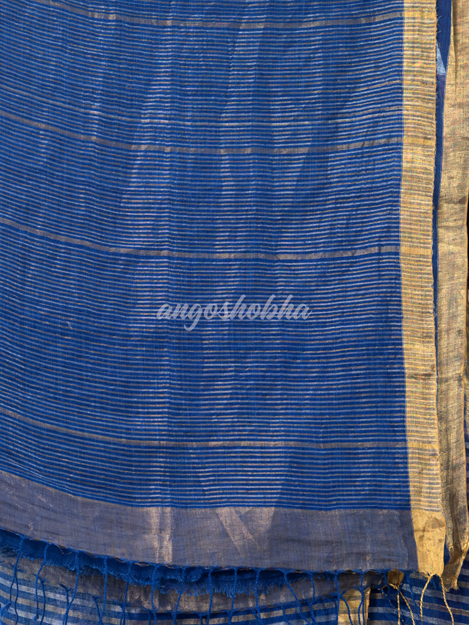 Blue Linen Golden and Silver Stripes Body with Golden Border Bengal Handwoven Saree