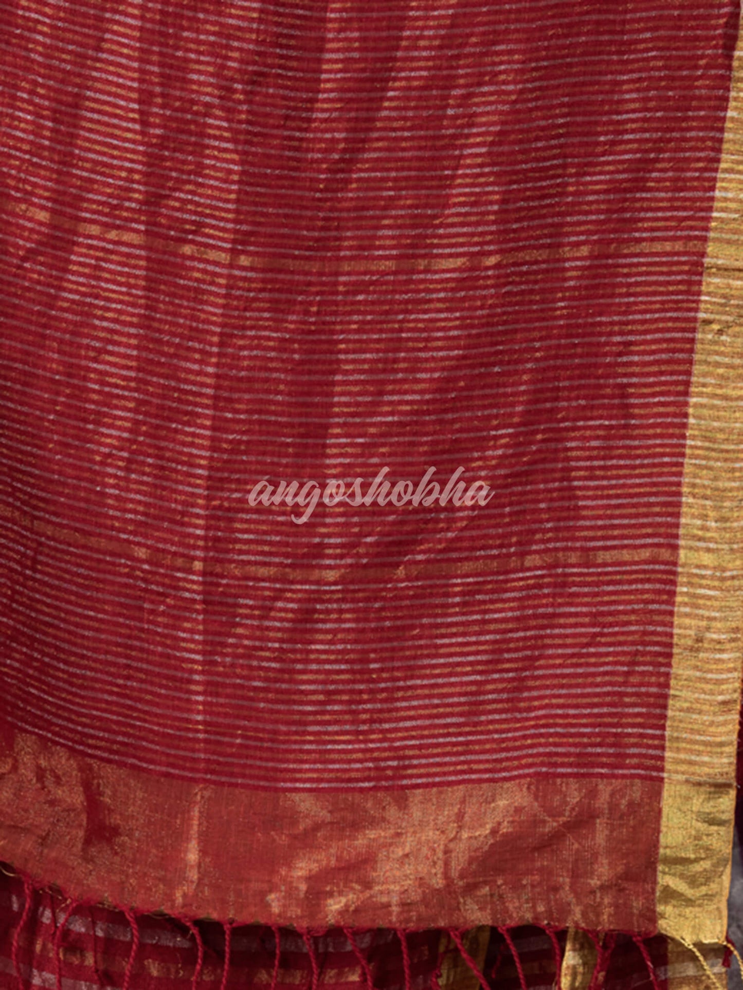Maroon Linen Silver & Golden Stripes Body with Golden Border Bengal Handwoven Saree