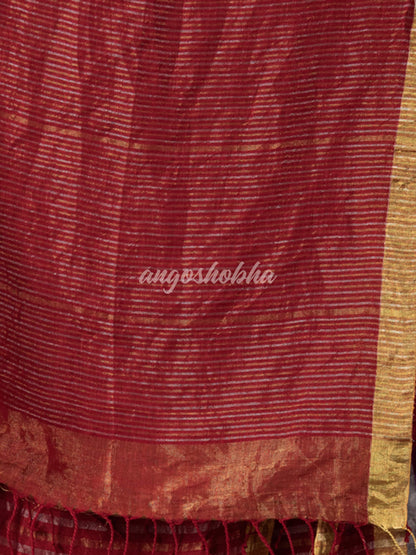 Maroon Linen Silver & Golden Stripes Body with Golden Border Bengal Handwoven Saree