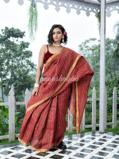 Maroon Linen Silver & Golden Stripes Body with Golden Border Bengal Handwoven Saree