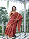 Maroon Linen Silver & Golden Stripes Body with Golden Border Bengal Handwoven Saree