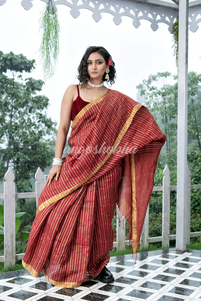 Maroon Linen Silver & Golden Stripes Body with Golden Border Bengal Handwoven Saree