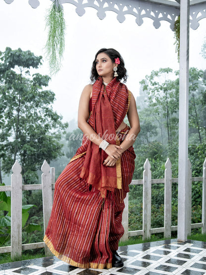 Maroon Linen Silver & Golden Stripes Body with Golden Border Bengal Handwoven Saree