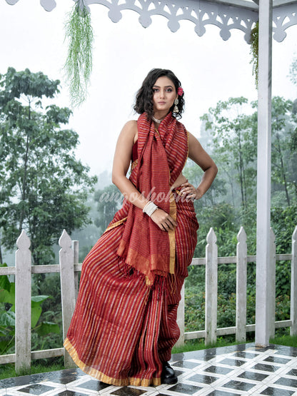 Maroon Linen Silver & Golden Stripes Body with Golden Border Bengal Handwoven Saree