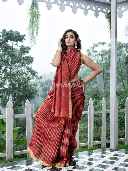 Maroon Linen Silver & Golden Stripes Body with Golden Border Bengal Handwoven Saree