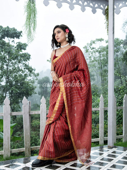 Maroon Linen Silver & Golden Stripes Body with Golden Border Bengal Handwoven Saree