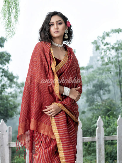 Maroon Linen Silver & Golden Stripes Body with Golden Border Bengal Handwoven Saree