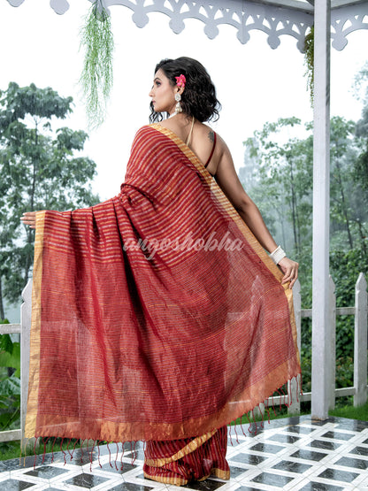 Maroon Linen Silver & Golden Stripes Body with Golden Border Bengal Handwoven Saree