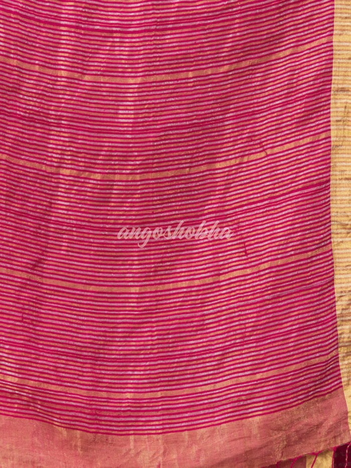 Rani Linen Silver & Golden Stripes Body with Golden Border Bengal Handwoven Saree