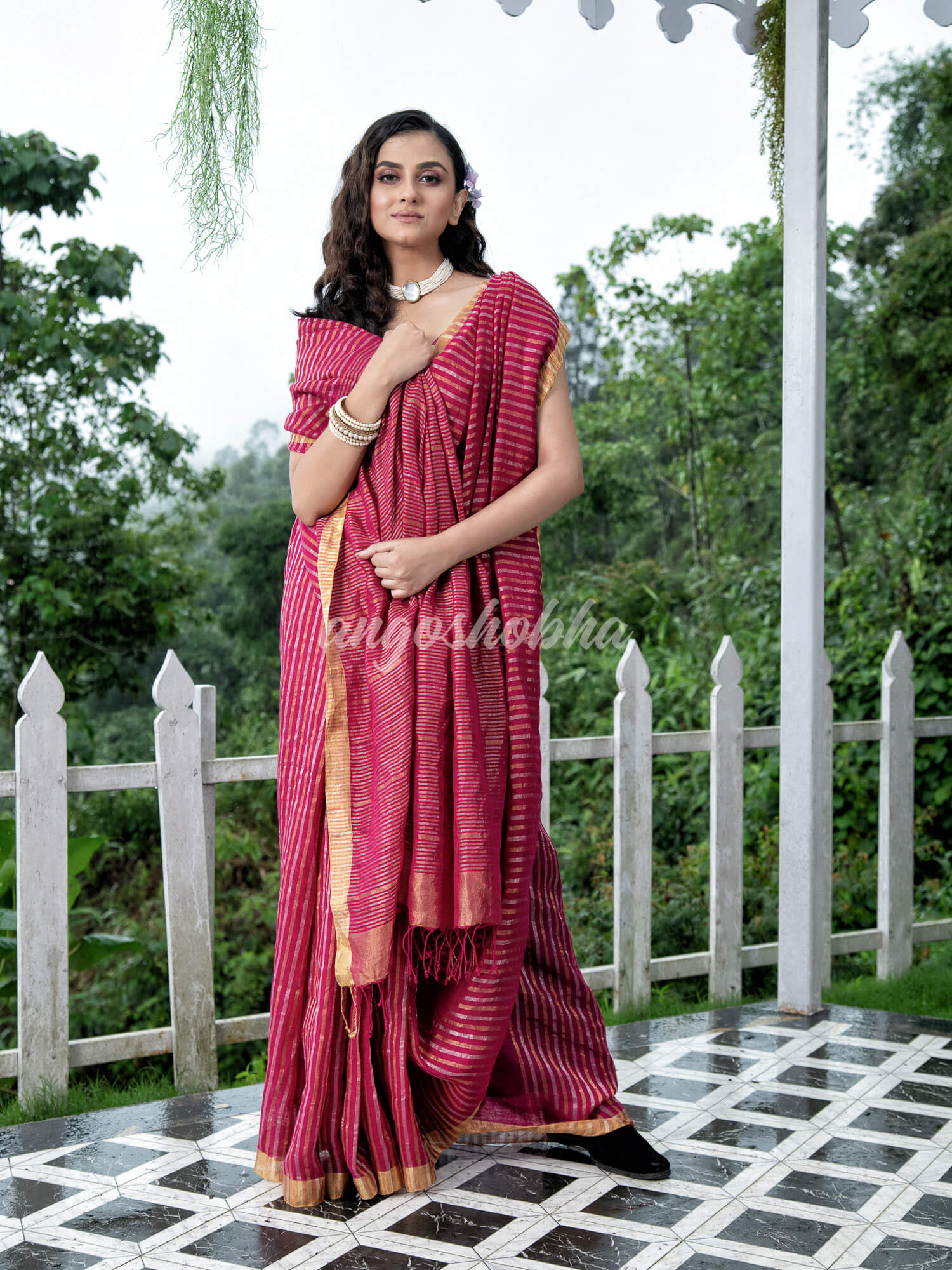 Rani Linen Silver & Golden Stripes Body with Golden Border Bengal Handwoven Saree