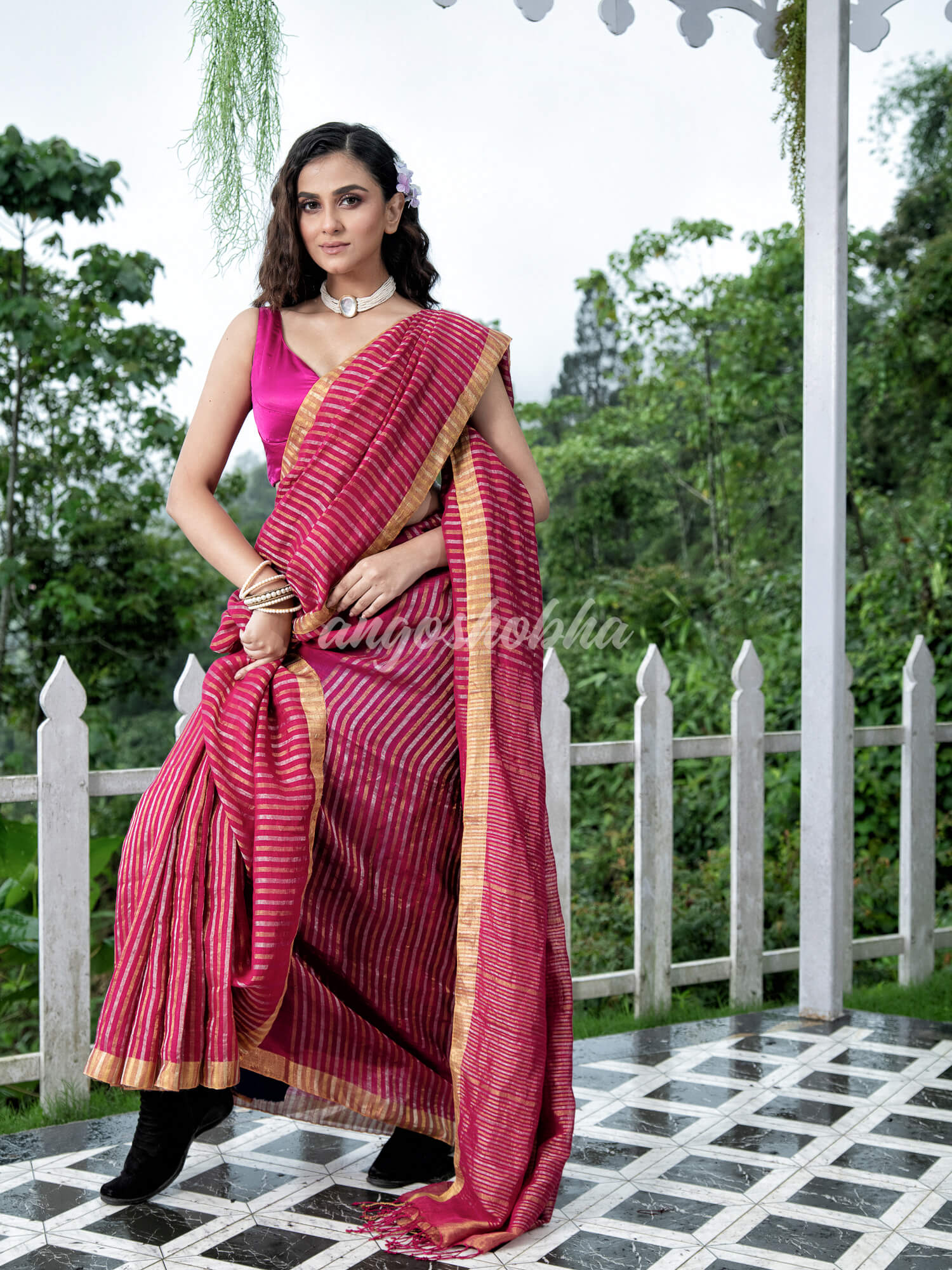 Rani Linen Silver & Golden Stripes Body with Golden Border Bengal Handwoven Saree