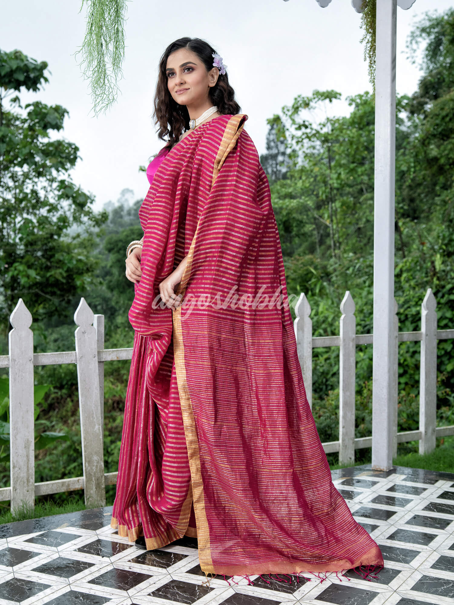Rani Linen Silver & Golden Stripes Body with Golden Border Bengal Handwoven Saree