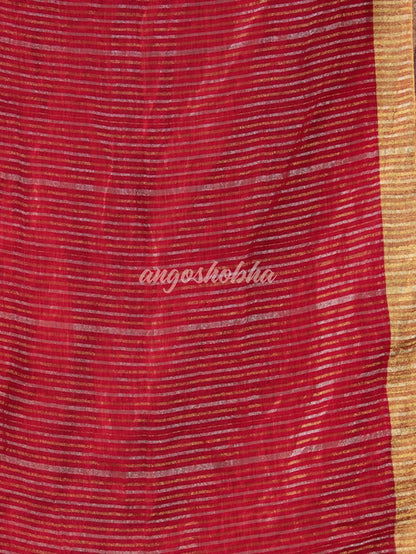 Red Linen Silver & Golden Stripes Body with Golden Border Bengal Handwoven Saree