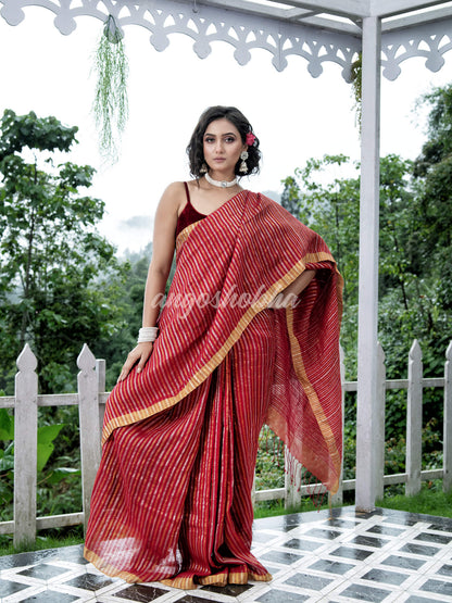 Red Linen Silver & Golden Stripes Body with Golden Border Bengal Handwoven Saree