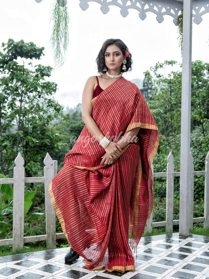 Red Linen Silver & Golden Stripes Body with Golden Border Bengal Handwoven Saree