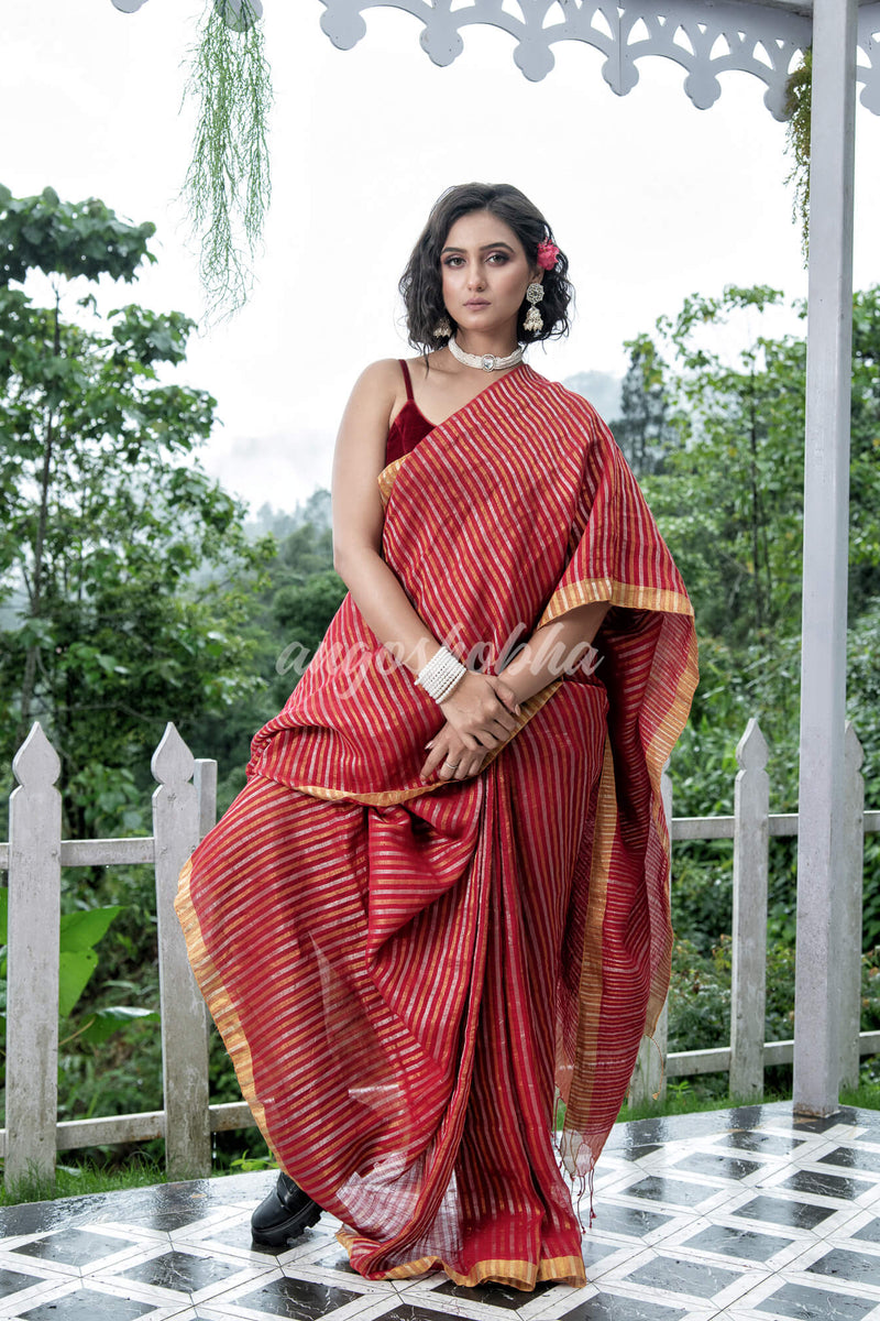 Red Linen Silver & Golden Stripes Body with Golden Border Bengal Handwoven Saree