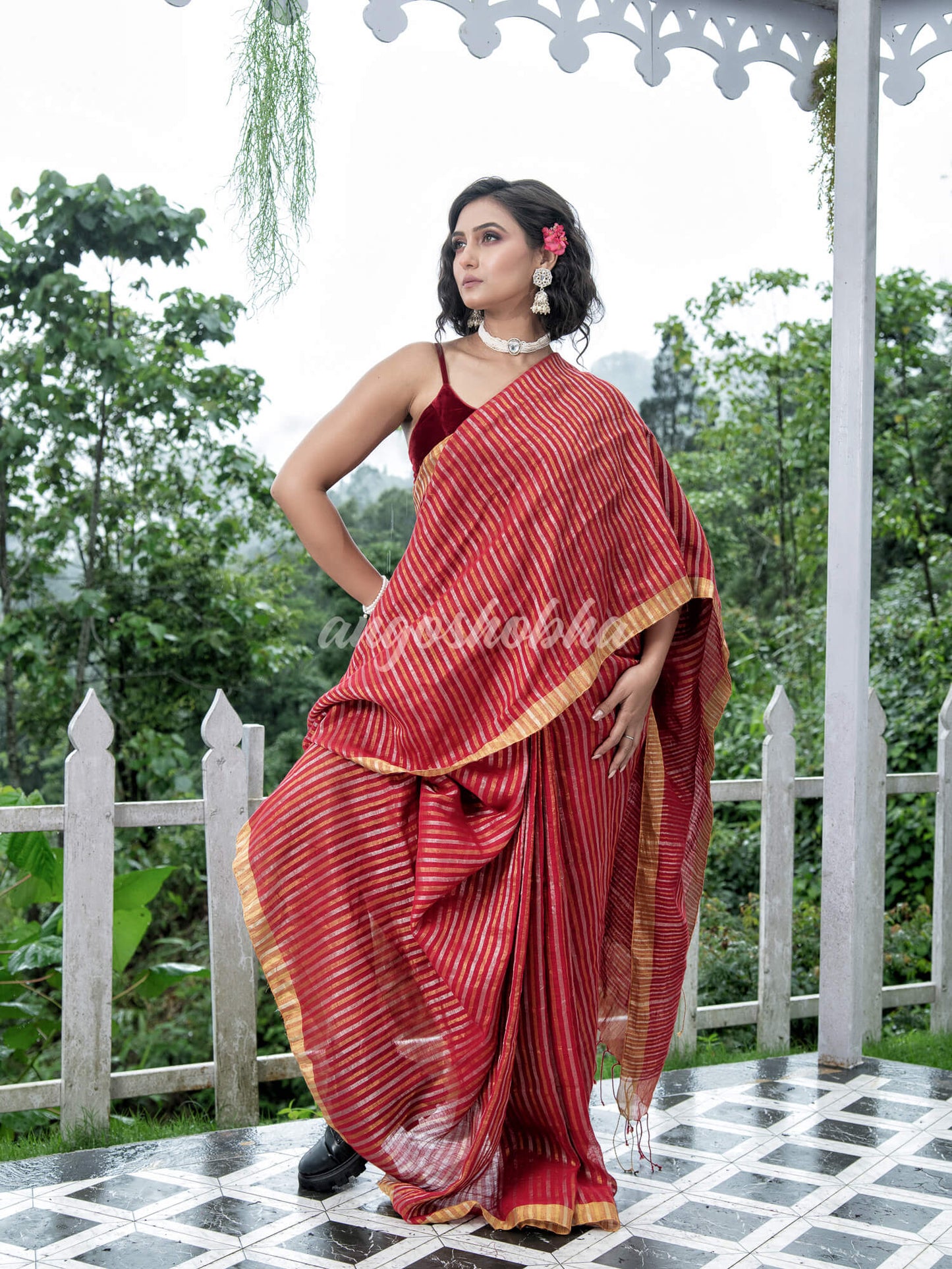 Red Linen Silver & Golden Stripes Body with Golden Border Bengal Handwoven Saree