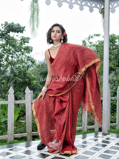 Red Linen Silver & Golden Stripes Body with Golden Border Bengal Handwoven Saree