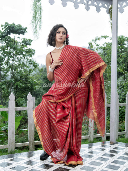 Red Linen Silver & Golden Stripes Body with Golden Border Bengal Handwoven Saree