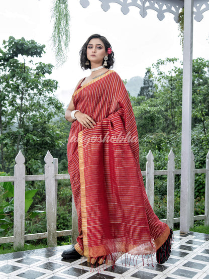 Red Linen Silver & Golden Stripes Body with Golden Border Bengal Handwoven Saree