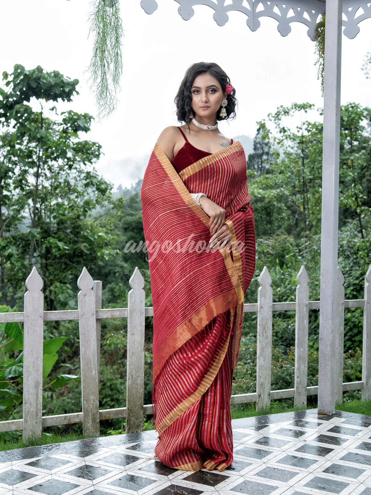 Red Linen Silver & Golden Stripes Body with Golden Border Bengal Handwoven Saree