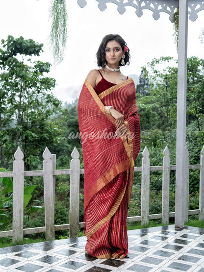 Red Linen Silver & Golden Stripes Body with Golden Border Bengal Handwoven Saree