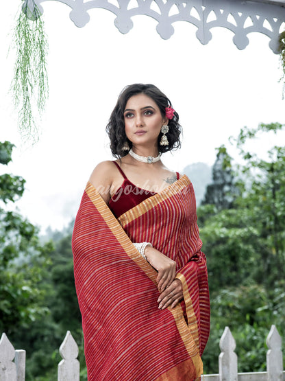 Red Linen Silver & Golden Stripes Body with Golden Border Bengal Handwoven Saree