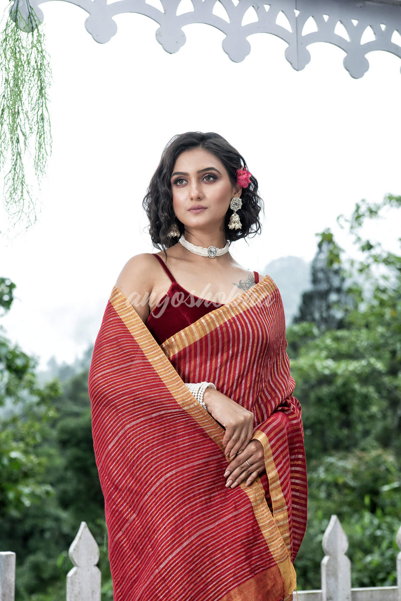Red Linen Silver & Golden Stripes Body with Golden Border Bengal Handwoven Saree