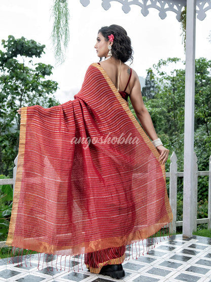 Red Linen Silver & Golden Stripes Body with Golden Border Bengal Handwoven Saree