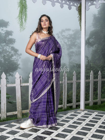 Purple Linen Silver Check Body with Silver Border and Pallu  Bengal Handwoven Saree