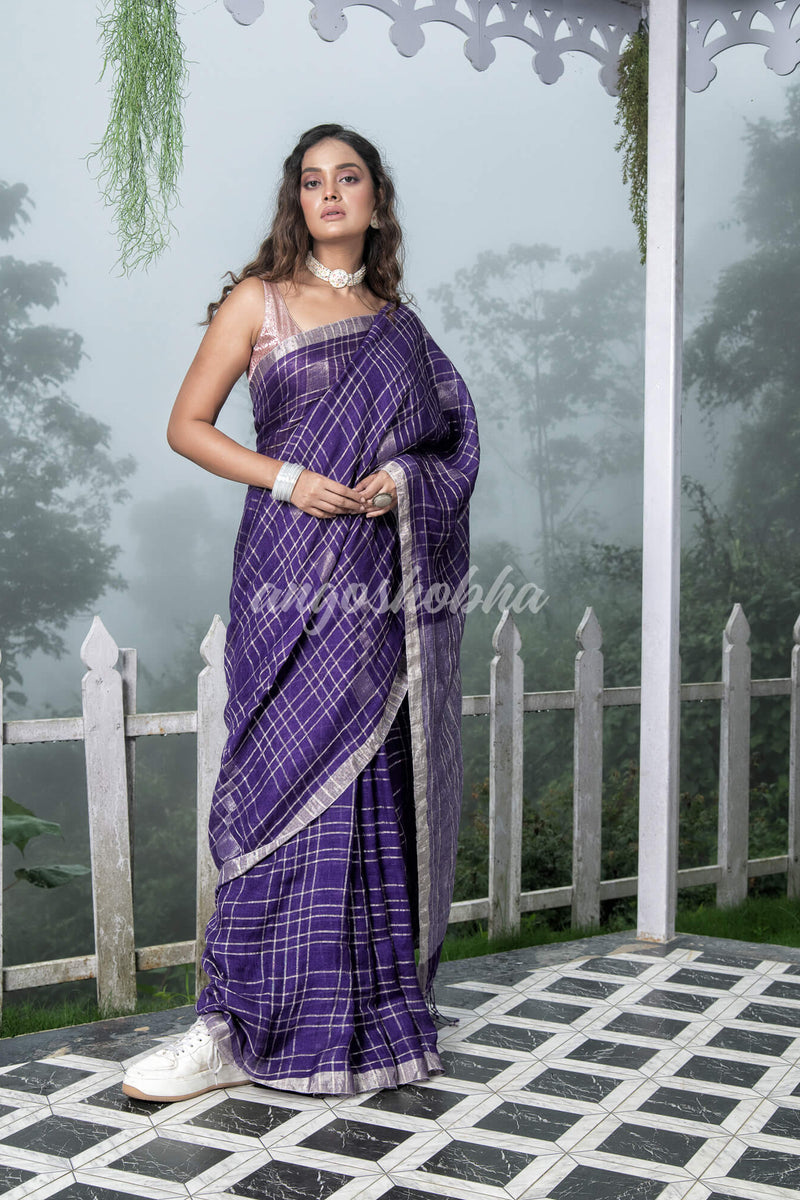 Purple Linen Silver Check Body with Silver Border and Pallu  Bengal Handwoven Saree