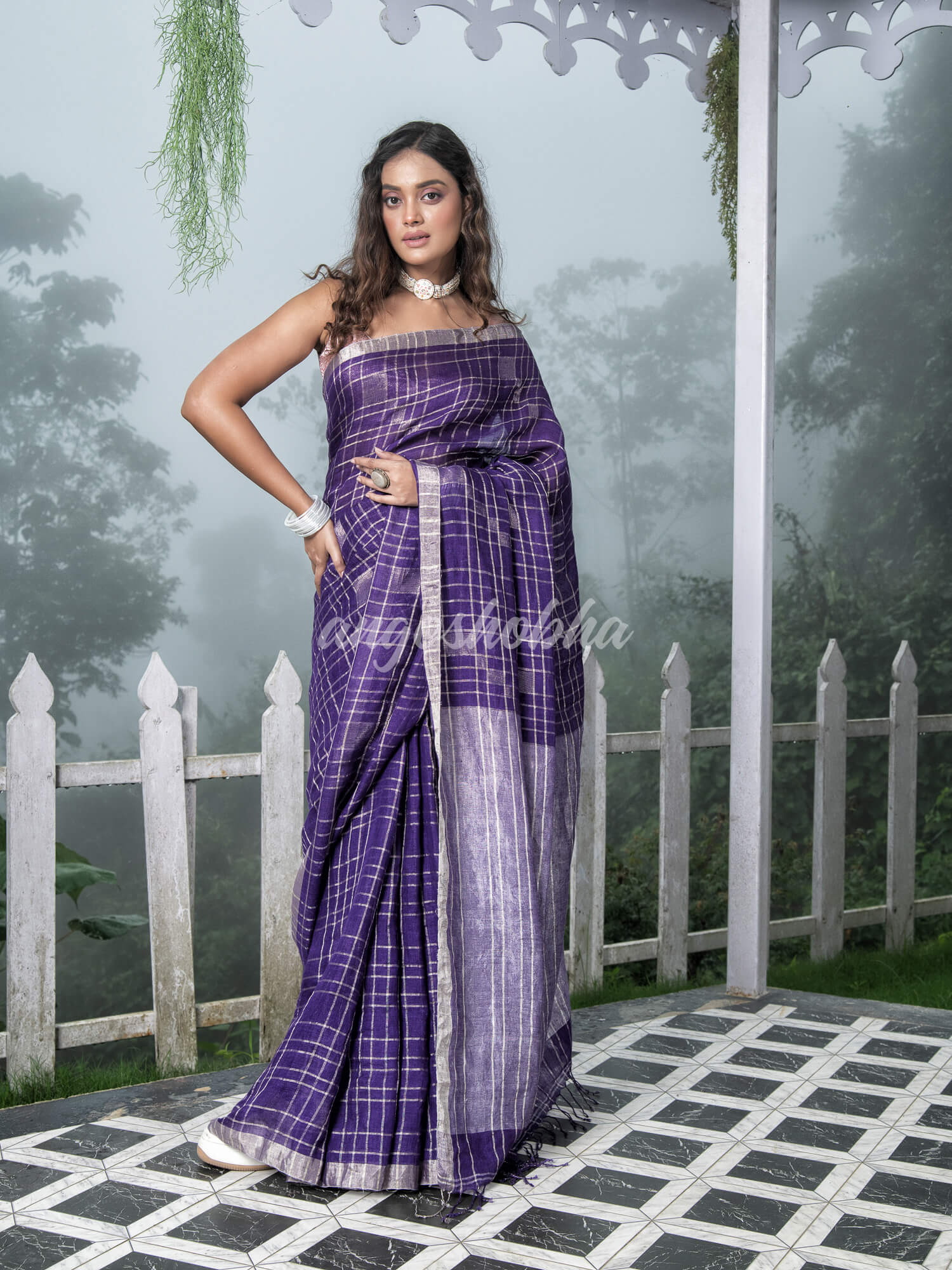 Purple Linen Silver Check Body with Silver Border and Pallu  Bengal Handwoven Saree