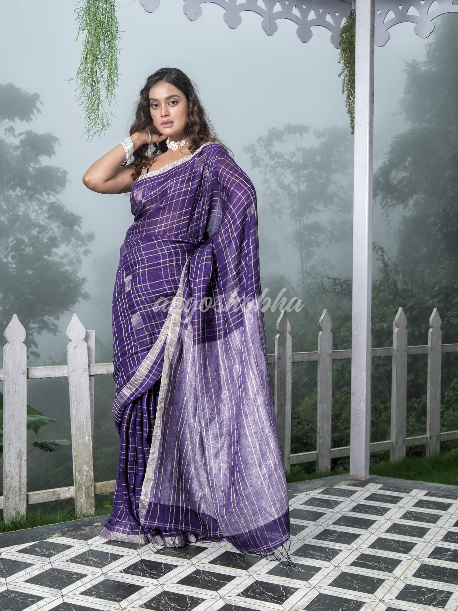 Purple Linen Silver Check Body with Silver Border and Pallu  Bengal Handwoven Saree