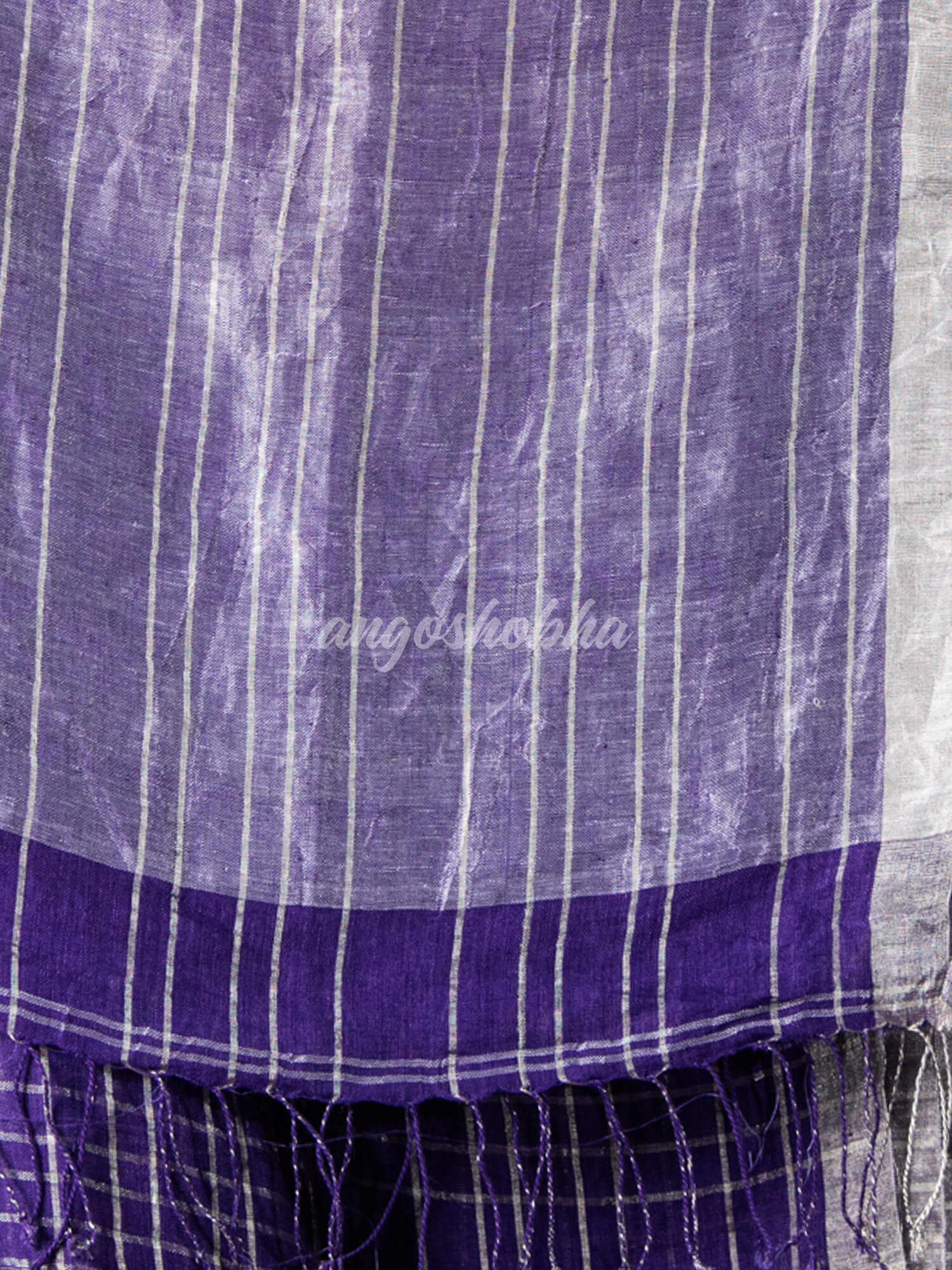 Purple Linen Silver Check Body with Silver Border and Pallu  Bengal Handwoven Saree