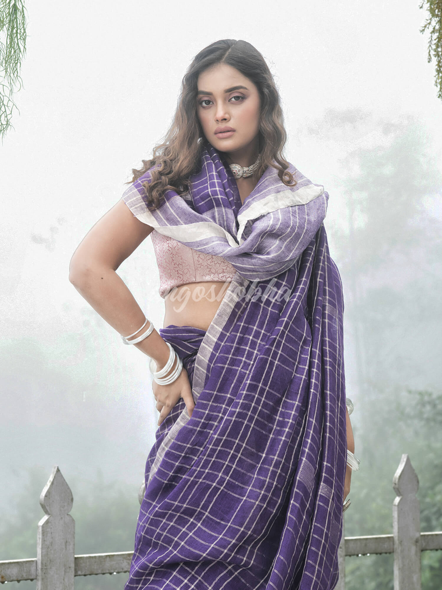 Purple Linen Silver Check Body with Silver Border and Pallu  Bengal Handwoven Saree
