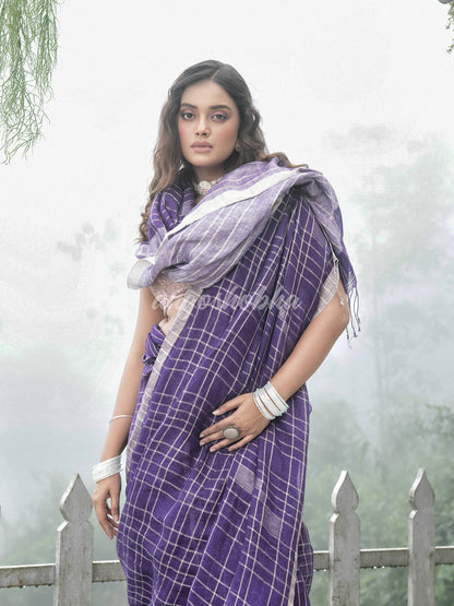 Purple Linen Silver Check Body with Silver Border and Pallu  Bengal Handwoven Saree