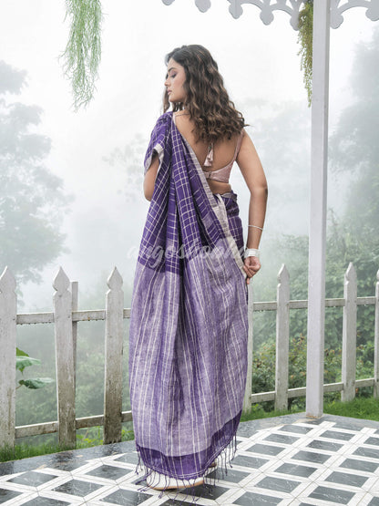 Purple Linen Silver Check Body with Silver Border and Pallu  Bengal Handwoven Saree