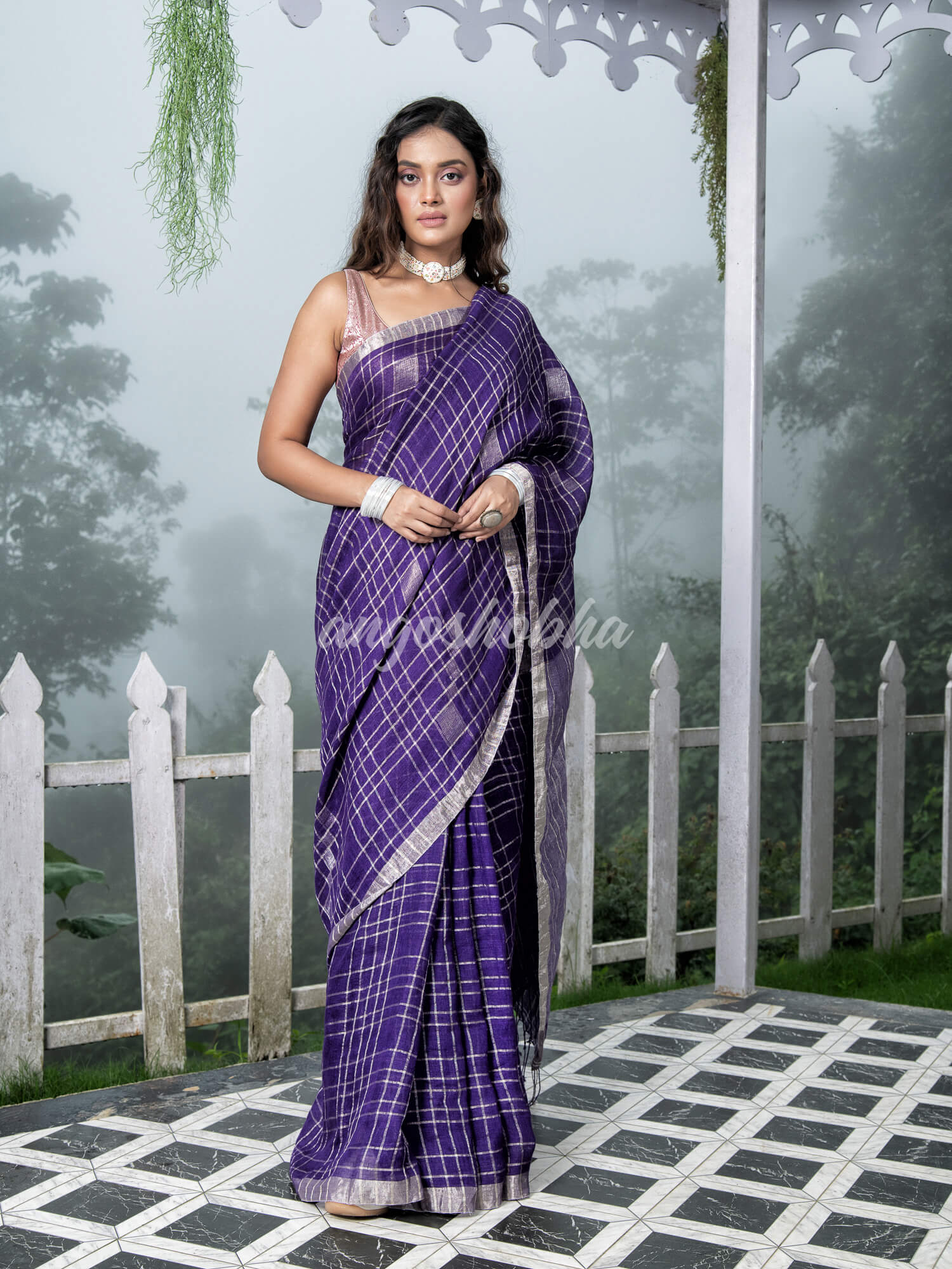 Purple Linen Silver Check Body with Silver Border and Pallu  Bengal Handwoven Saree