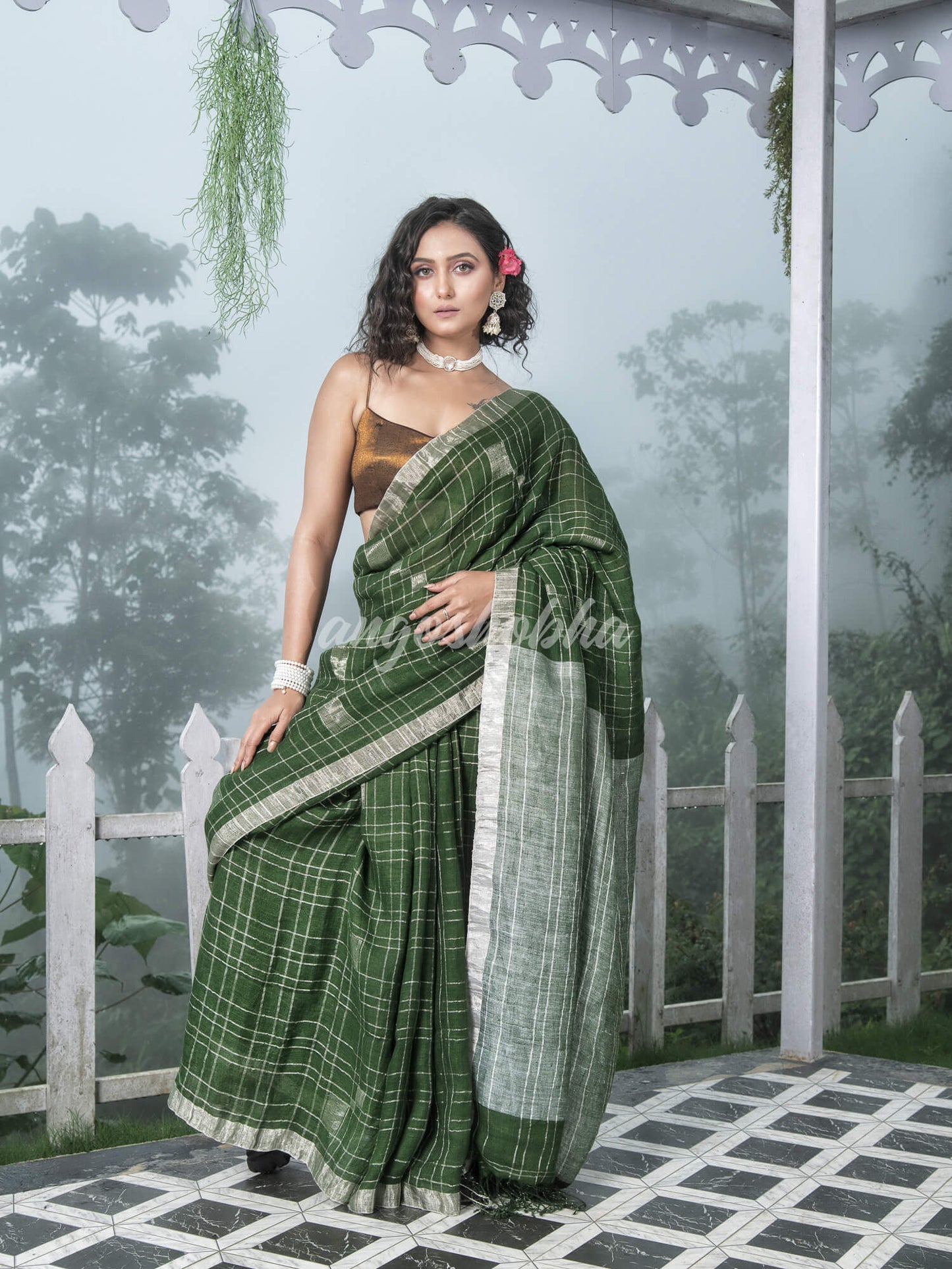 Green Linen Silver Check Body with Silver Border & Pallu Bengal Handwoven Saree